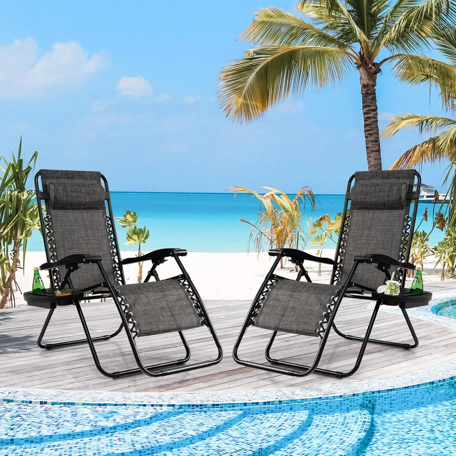 Tangkula Zero Gravity Chair, Folding Patio Lounge Chair Adjustable Outdoor Recliner with Cup Holder, Wide Armrest for Patio Garden Poolside Outdoor Yard Beach, Support 350 lbs (1, Grey)