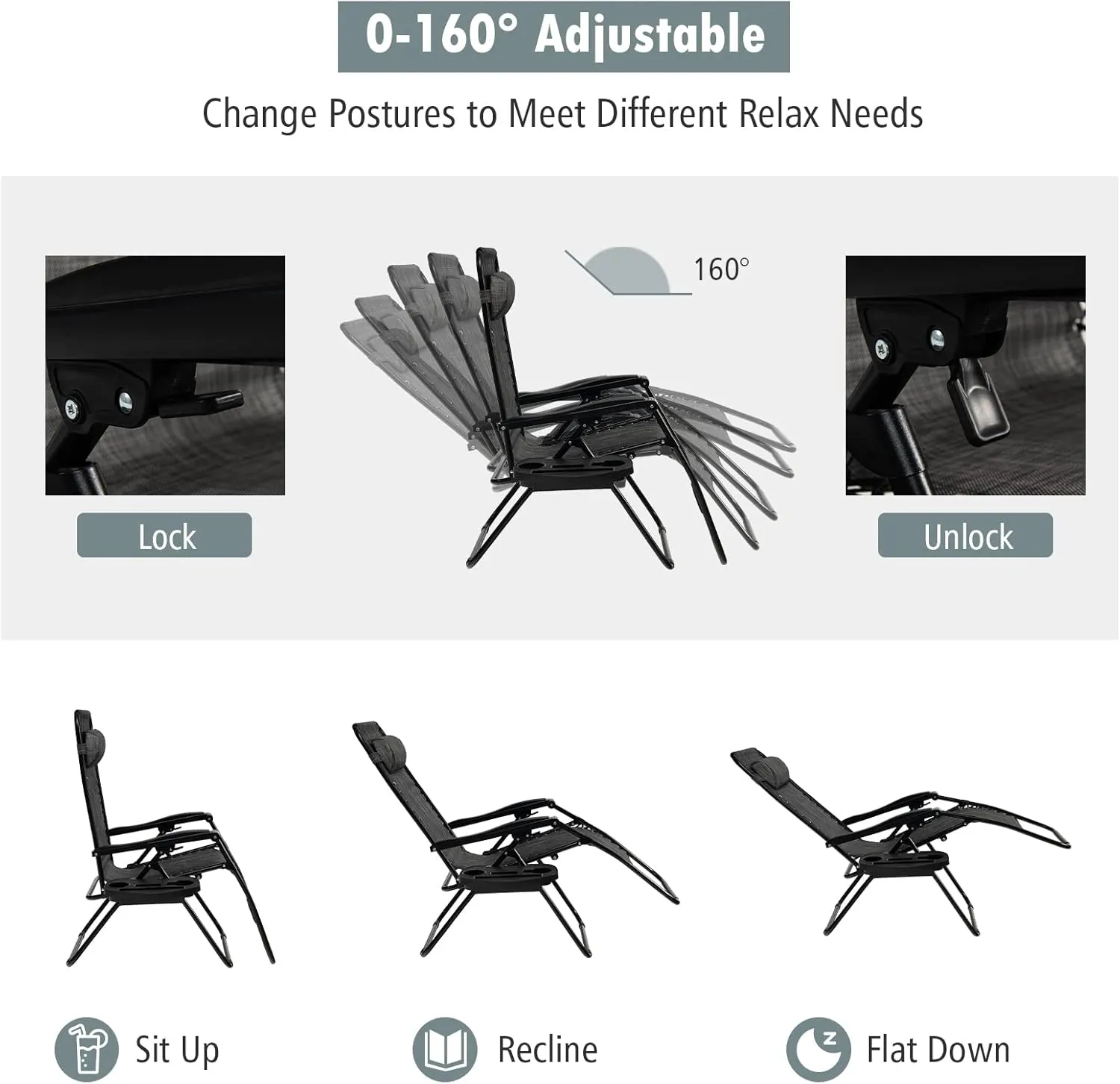 Tangkula Zero Gravity Chair, Folding Patio Lounge Chair Adjustable Outdoor Recliner with Cup Holder, Wide Armrest for Patio Garden Poolside Outdoor Yard Beach, Support 350 lbs (1, Grey)