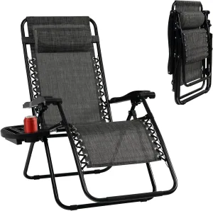 Tangkula Zero Gravity Chair, Folding Patio Lounge Chair Adjustable Outdoor Recliner with Cup Holder, Wide Armrest for Patio Garden Poolside Outdoor Yard Beach, Support 350 lbs (1, Grey)