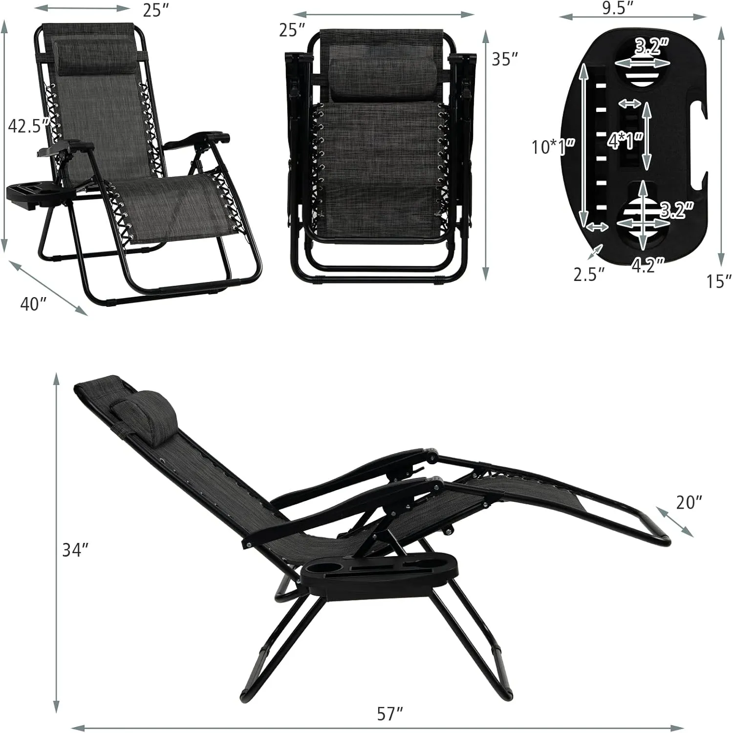 Tangkula Zero Gravity Chair, Folding Patio Lounge Chair Adjustable Outdoor Recliner with Cup Holder, Wide Armrest for Patio Garden Poolside Outdoor Yard Beach, Support 350 lbs (1, Grey)