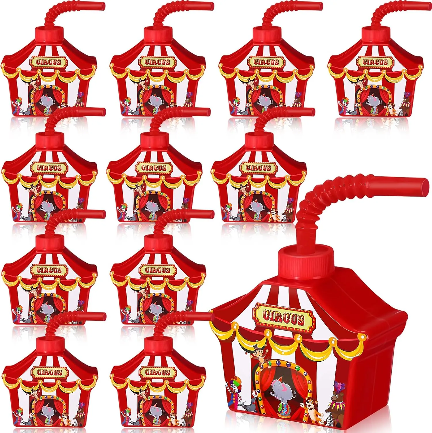 Tanlade 12 Pcs Circus Carnival Party Favor Gift Supplies Cups with Straws and Lids, 10 oz Plastic Circus Shape Drink Cups Bulk for Carnival Theme Party Supplies Boys Girls Birthday Favors