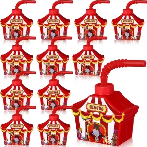 Tanlade 12 Pcs Circus Carnival Party Favor Gift Supplies Cups with Straws and Lids, 10 oz Plastic Circus Shape Drink Cups Bulk for Carnival Theme Party Supplies Boys Girls Birthday Favors