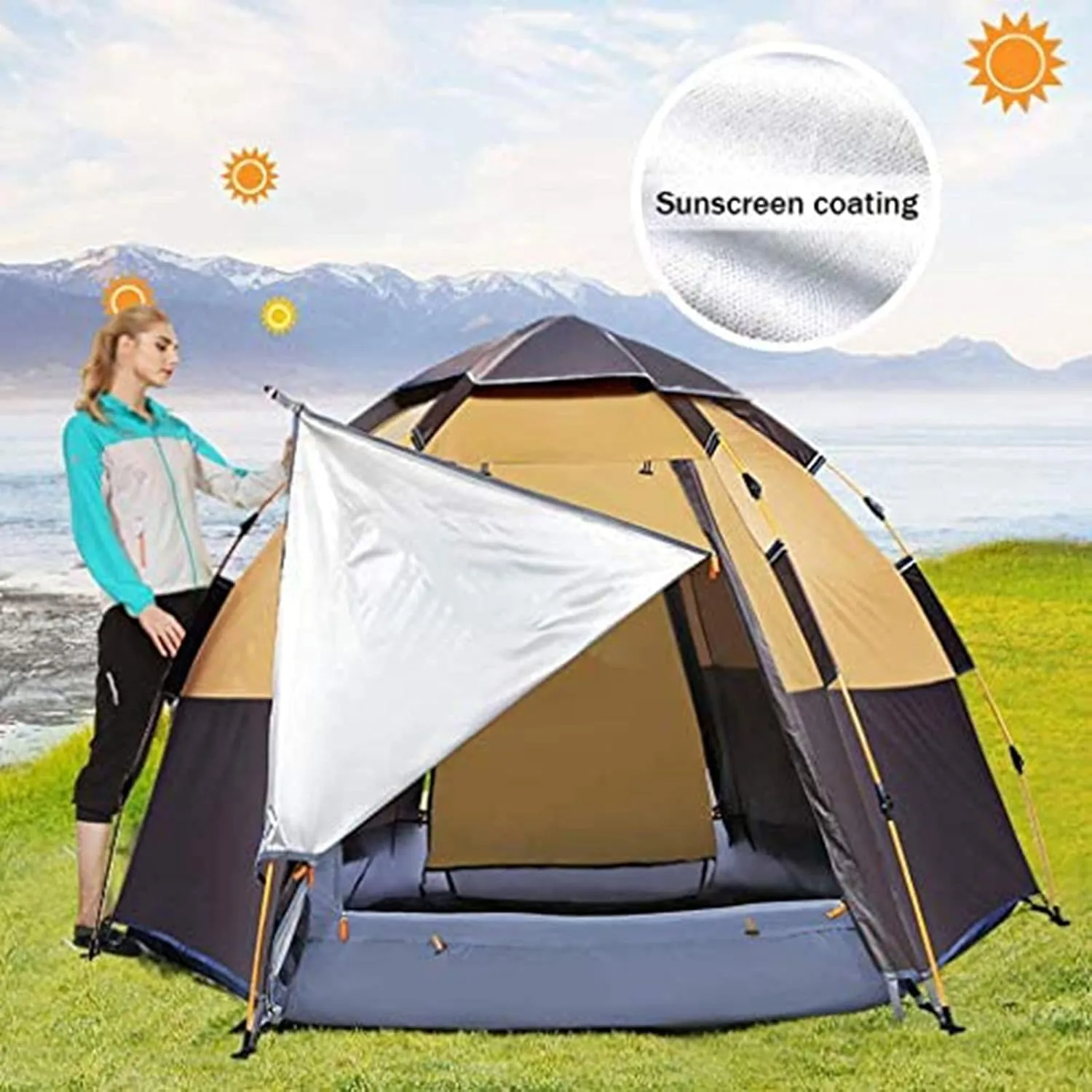 Tarpaulin Shade Cloth Rainproof Cloth Tent Automatic Opening Hexangular Hydraulic Tent - Ultra Large Waterproof Dome Tent- Uv Protected Family Camping Tents Green (Color : B, Size : Large)