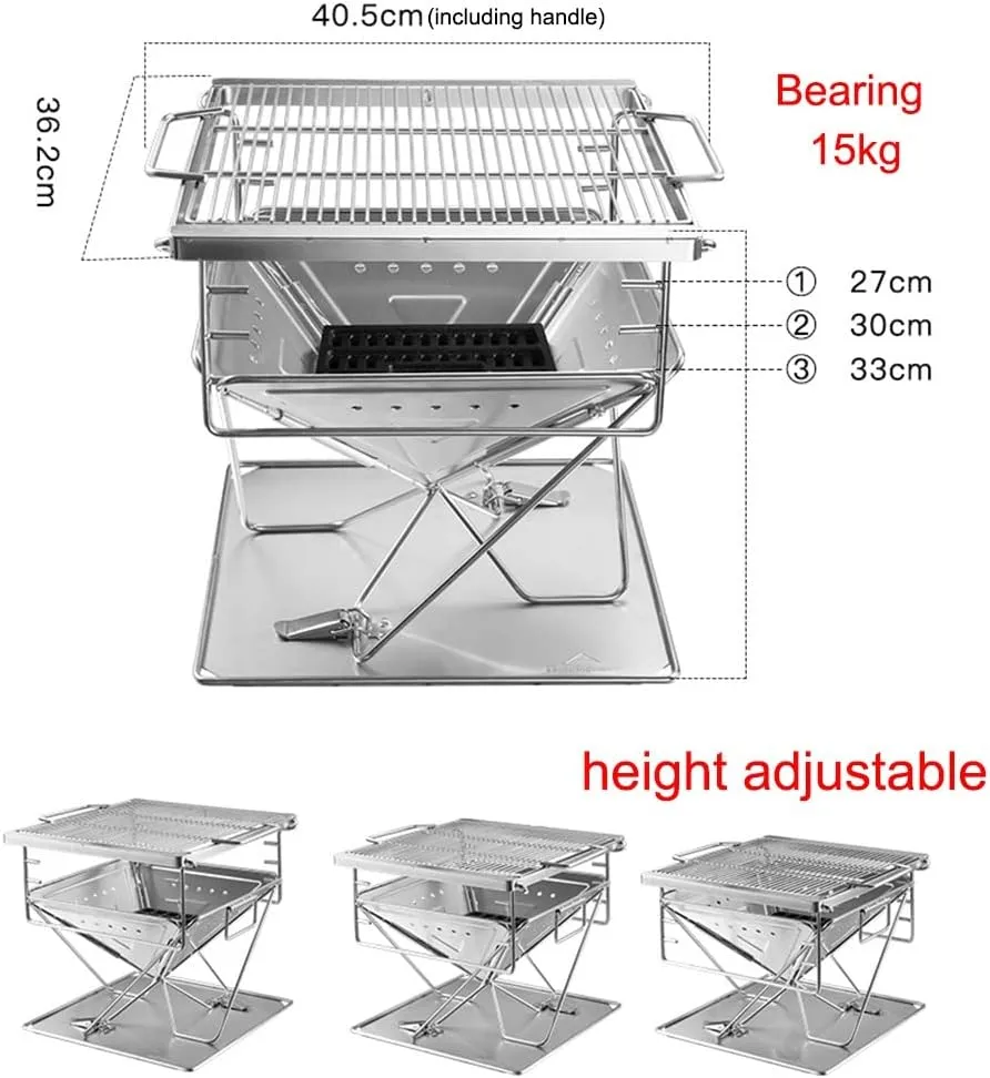 TEmkin Folding Campfire Grill Barbecue Rack Camping Fire Pit, Outdoor Wood Stove Burner, Folding Compact 304 Premium Stainless Steel, Portable Camping Grill with Carrying Bag for Outside