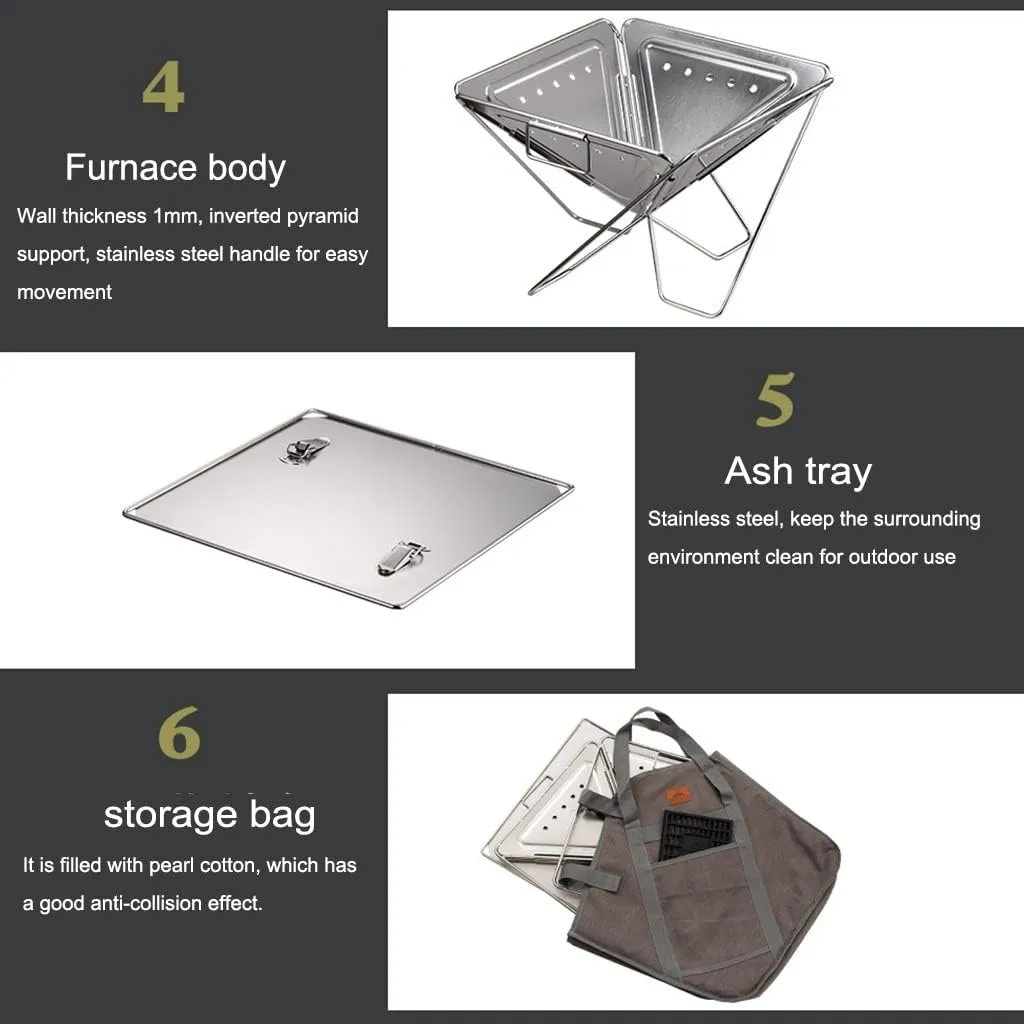 TEmkin Folding Campfire Grill Barbecue Rack Camping Fire Pit, Outdoor Wood Stove Burner, Folding Compact 304 Premium Stainless Steel, Portable Camping Grill with Carrying Bag for Outside
