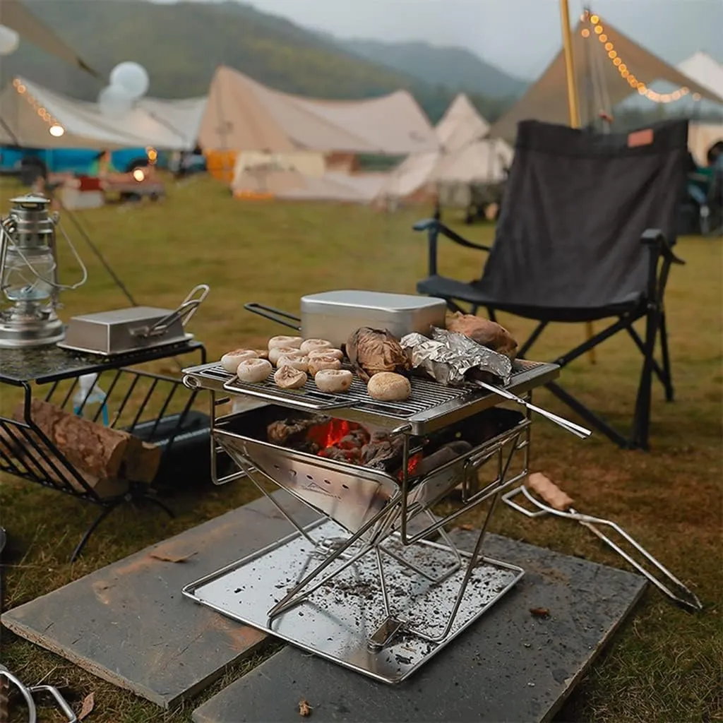 TEmkin Folding Campfire Grill Barbecue Rack Camping Fire Pit, Outdoor Wood Stove Burner, Folding Compact 304 Premium Stainless Steel, Portable Camping Grill with Carrying Bag for Outside