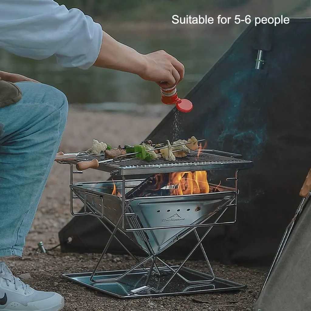 TEmkin Folding Campfire Grill Barbecue Rack Camping Fire Pit, Outdoor Wood Stove Burner, Folding Compact 304 Premium Stainless Steel, Portable Camping Grill with Carrying Bag for Outside