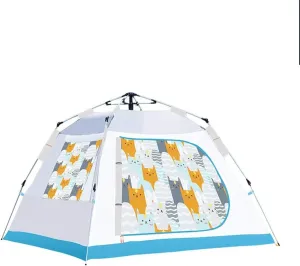 Tent for Camping Automatic Pop Up Tent Family Cat Pattern Camping Tent 3 4 Person with 3 Mesh Windows Waterproof Instant Tent Large Space for Picnic Outdoors (Color : Blue)