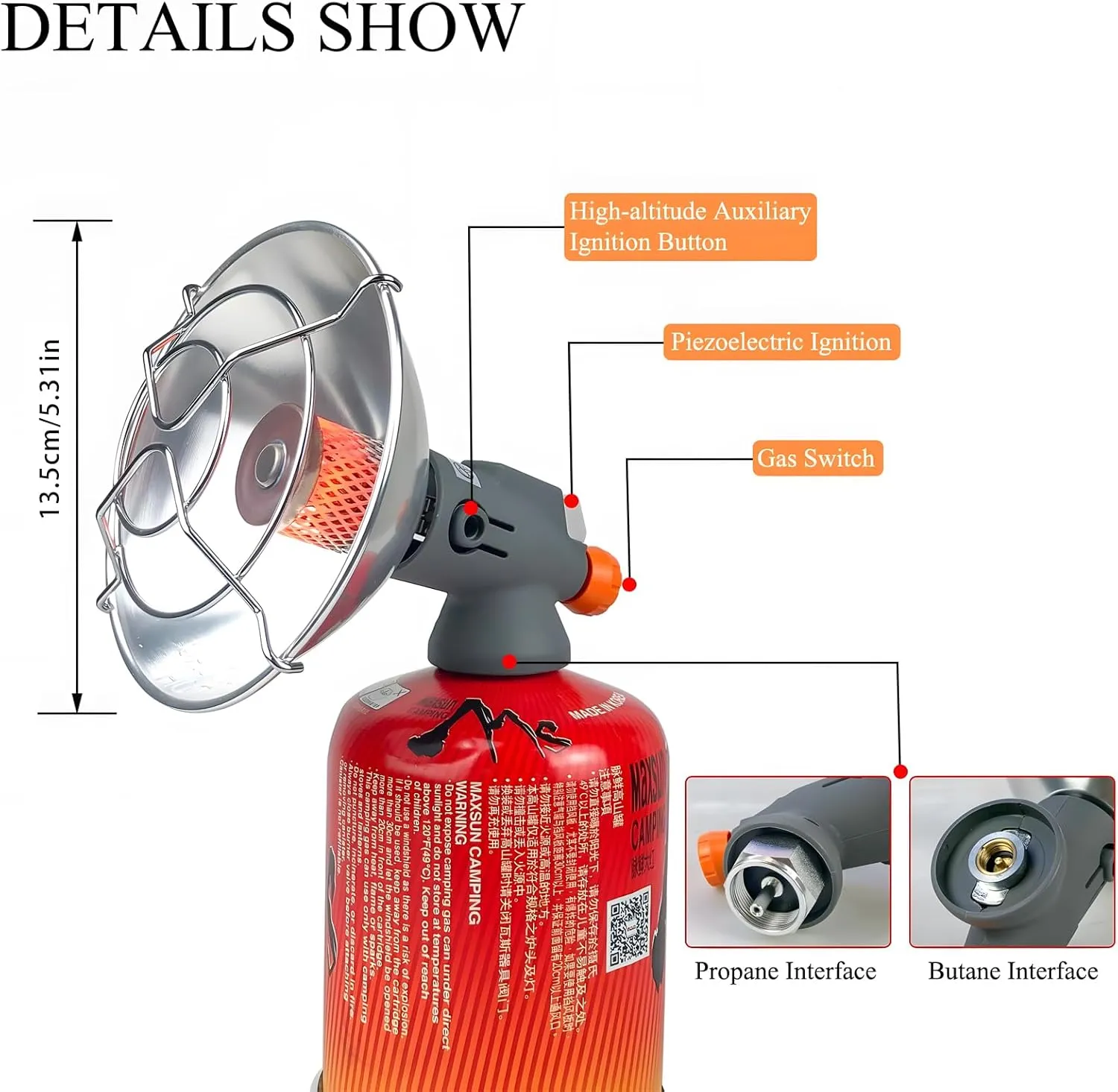 Tent Heater for Camping, Portable Propane Heater Has 4,300 BTU (2,000 BTU for Butane), Camping Gas Heater and Stove, Built-In Butane Interface, And Comes with a Propane Adapter, for Outdoor (1PCS)