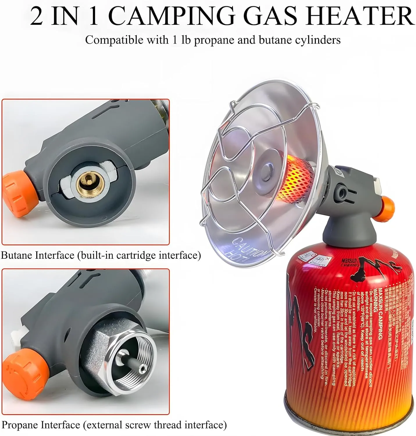 Tent Heater for Camping, Portable Propane Heater Has 4,300 BTU (2,000 BTU for Butane), Camping Gas Heater and Stove, Built-In Butane Interface, And Comes with a Propane Adapter, for Outdoor (1PCS)