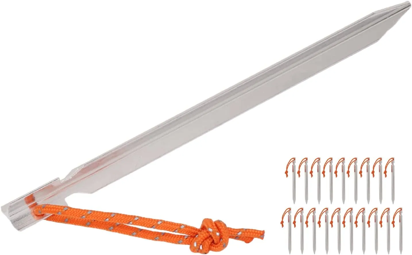 Tent Stakes V Shape Heavy Duty Peg with Ropes Outdoor Camping Accessories 20 Pack (Silver White)