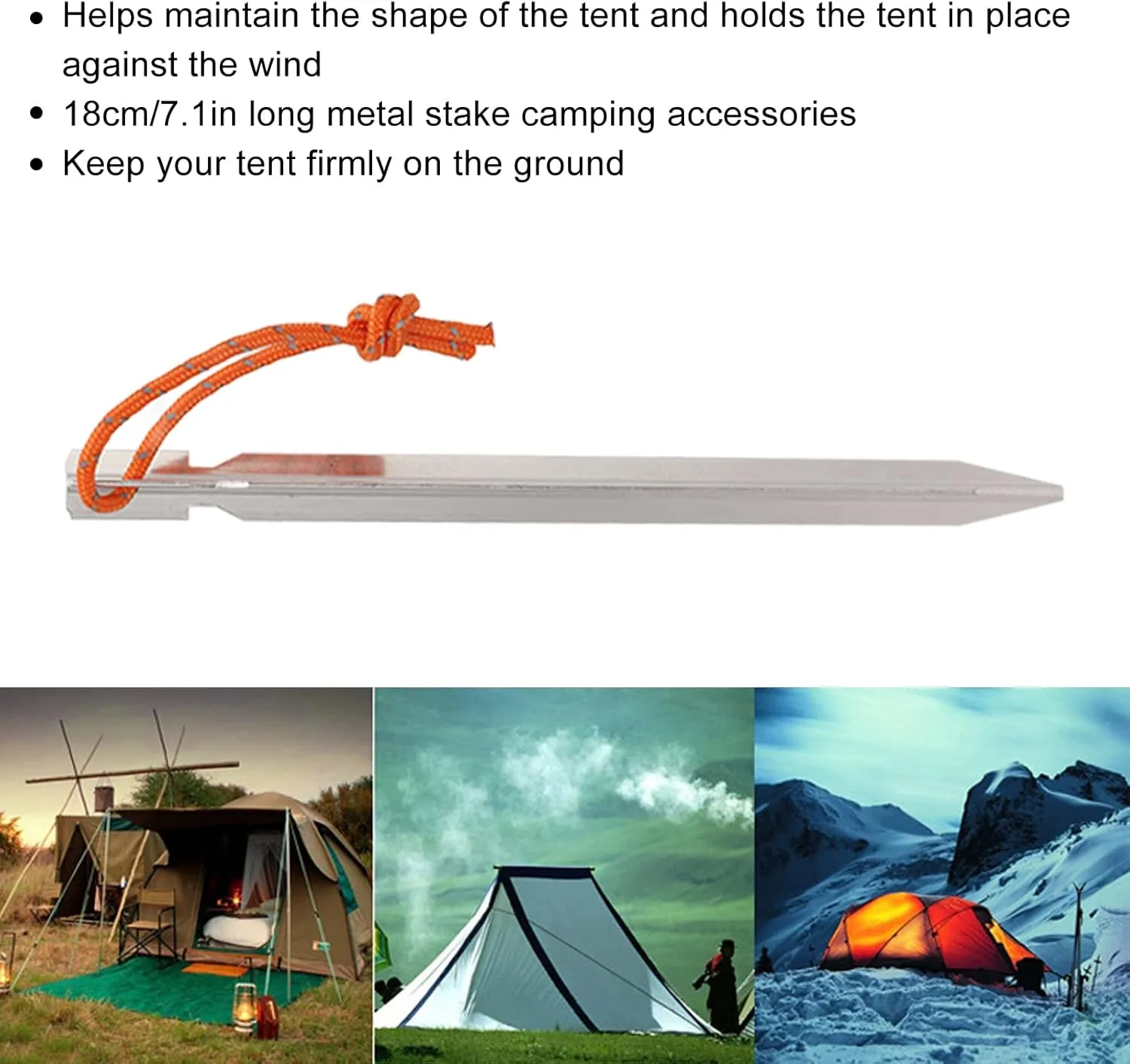 Tent Stakes V Shape Heavy Duty Peg with Ropes Outdoor Camping Accessories 20 Pack (Silver White)