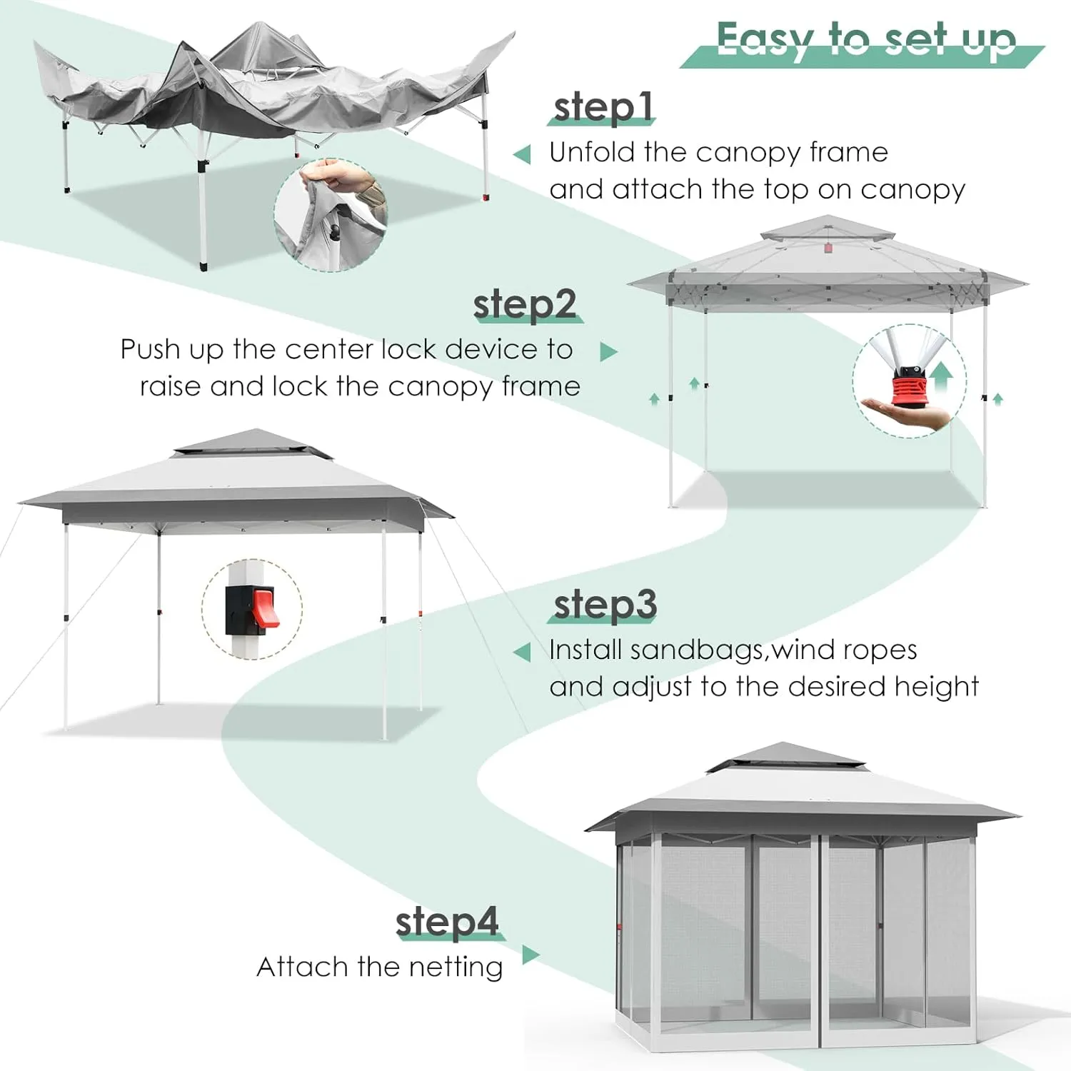 TLSUNNY 11' X 11' Gazebo, Pop Up Outdoor Canopy Tent W/4 Mesh Walls & Wheeled Bag, Screened Shelter with Netting, One-Person Set Up, Height Adjustable, for Patio, Yard, Party, Garden (Grey)