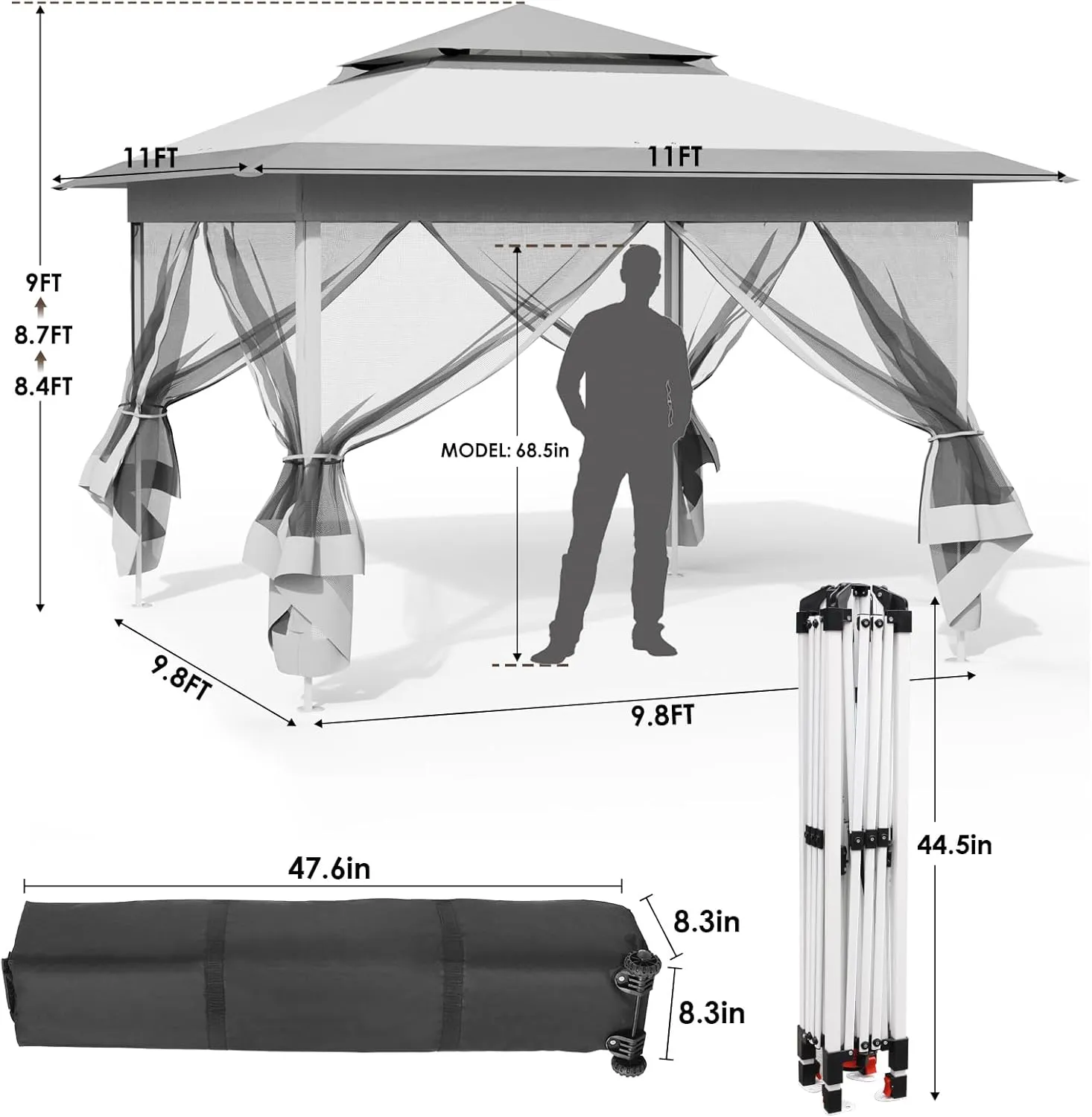 TLSUNNY 11' X 11' Gazebo, Pop Up Outdoor Canopy Tent W/4 Mesh Walls & Wheeled Bag, Screened Shelter with Netting, One-Person Set Up, Height Adjustable, for Patio, Yard, Party, Garden (Grey)