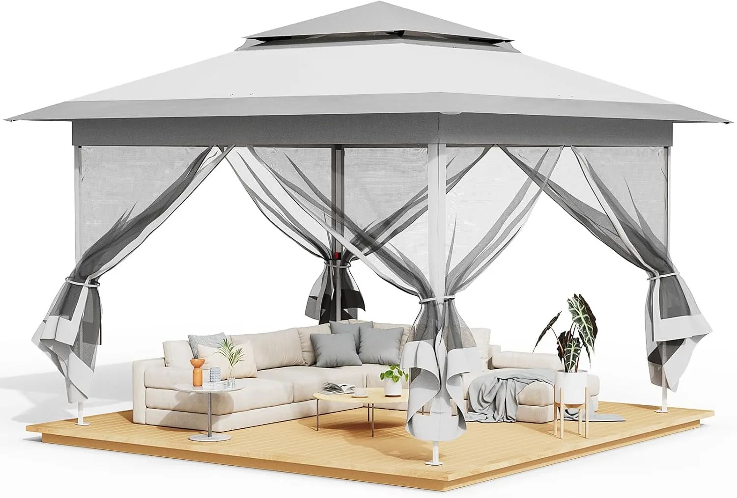 TLSUNNY 11' X 11' Gazebo, Pop Up Outdoor Canopy Tent W/4 Mesh Walls & Wheeled Bag, Screened Shelter with Netting, One-Person Set Up, Height Adjustable, for Patio, Yard, Party, Garden (Grey)