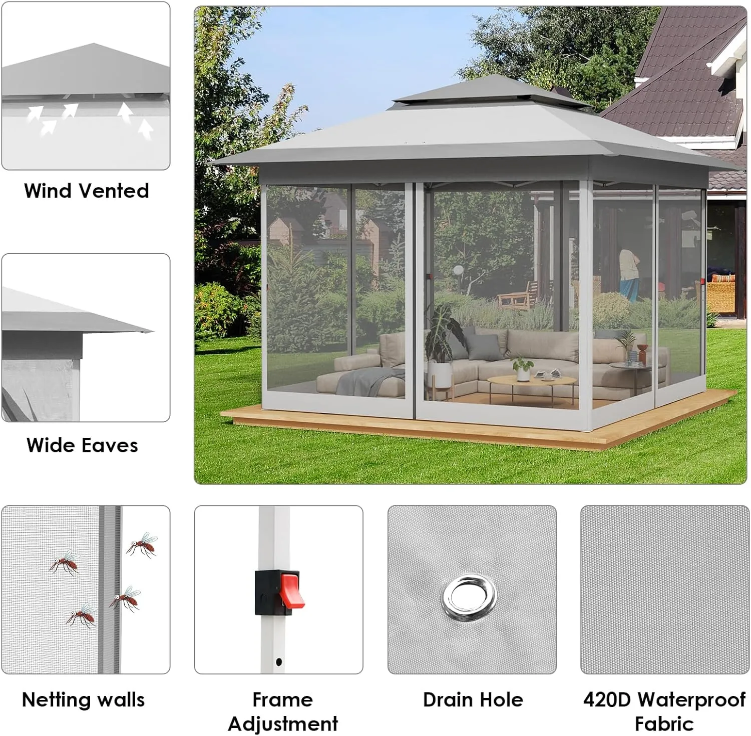 TLSUNNY 11' X 11' Gazebo, Pop Up Outdoor Canopy Tent W/4 Mesh Walls & Wheeled Bag, Screened Shelter with Netting, One-Person Set Up, Height Adjustable, for Patio, Yard, Party, Garden (Grey)