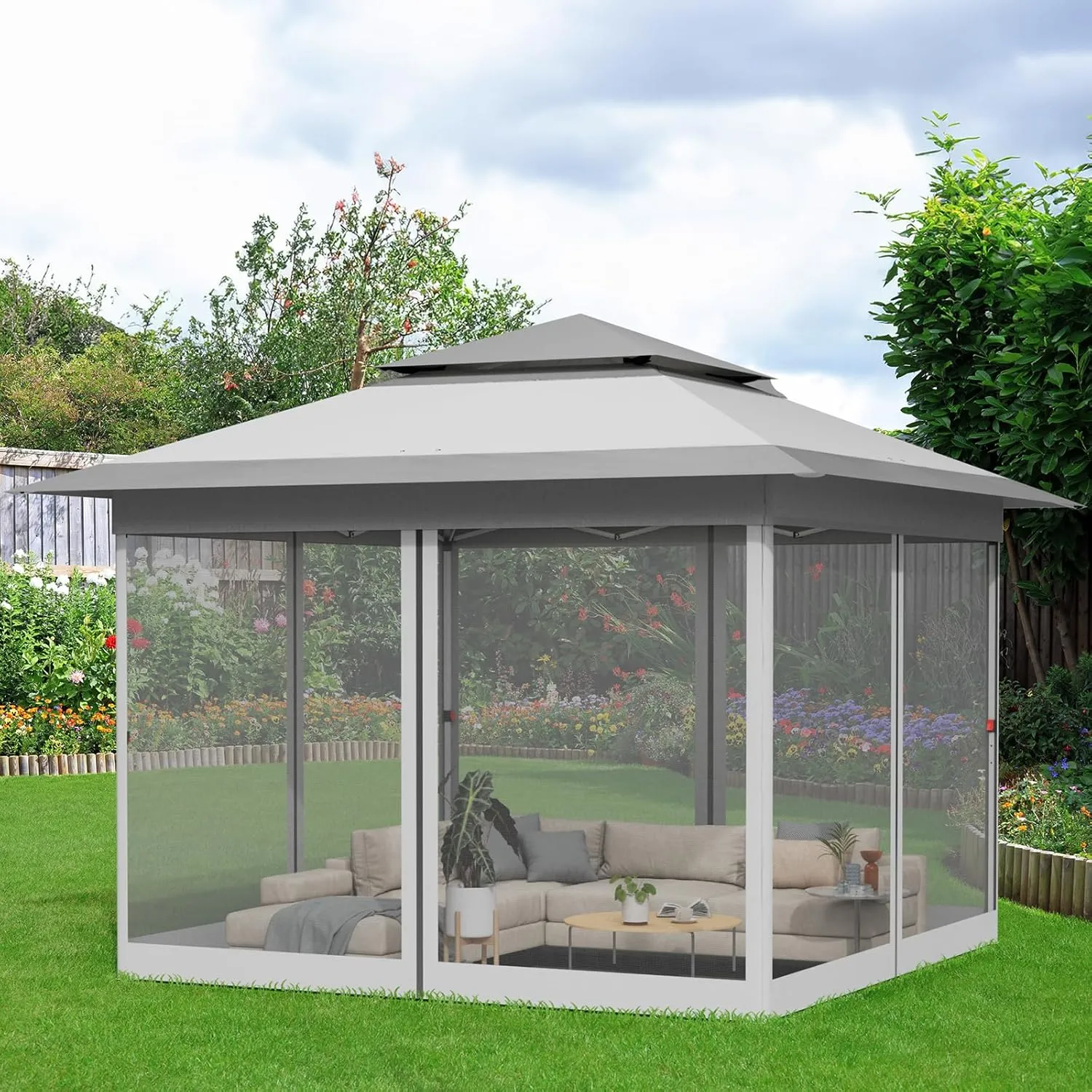 TLSUNNY 11' X 11' Gazebo, Pop Up Outdoor Canopy Tent W/4 Mesh Walls & Wheeled Bag, Screened Shelter with Netting, One-Person Set Up, Height Adjustable, for Patio, Yard, Party, Garden (Grey)