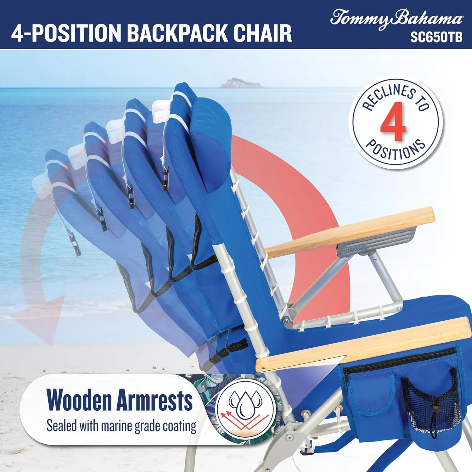 Tommy Bahama Hi-Boy 17" Seat Height 4-Position Lace-Up Suspension Folding Beach Backpack Chair, 1-Pack, Red and Blue Stripe