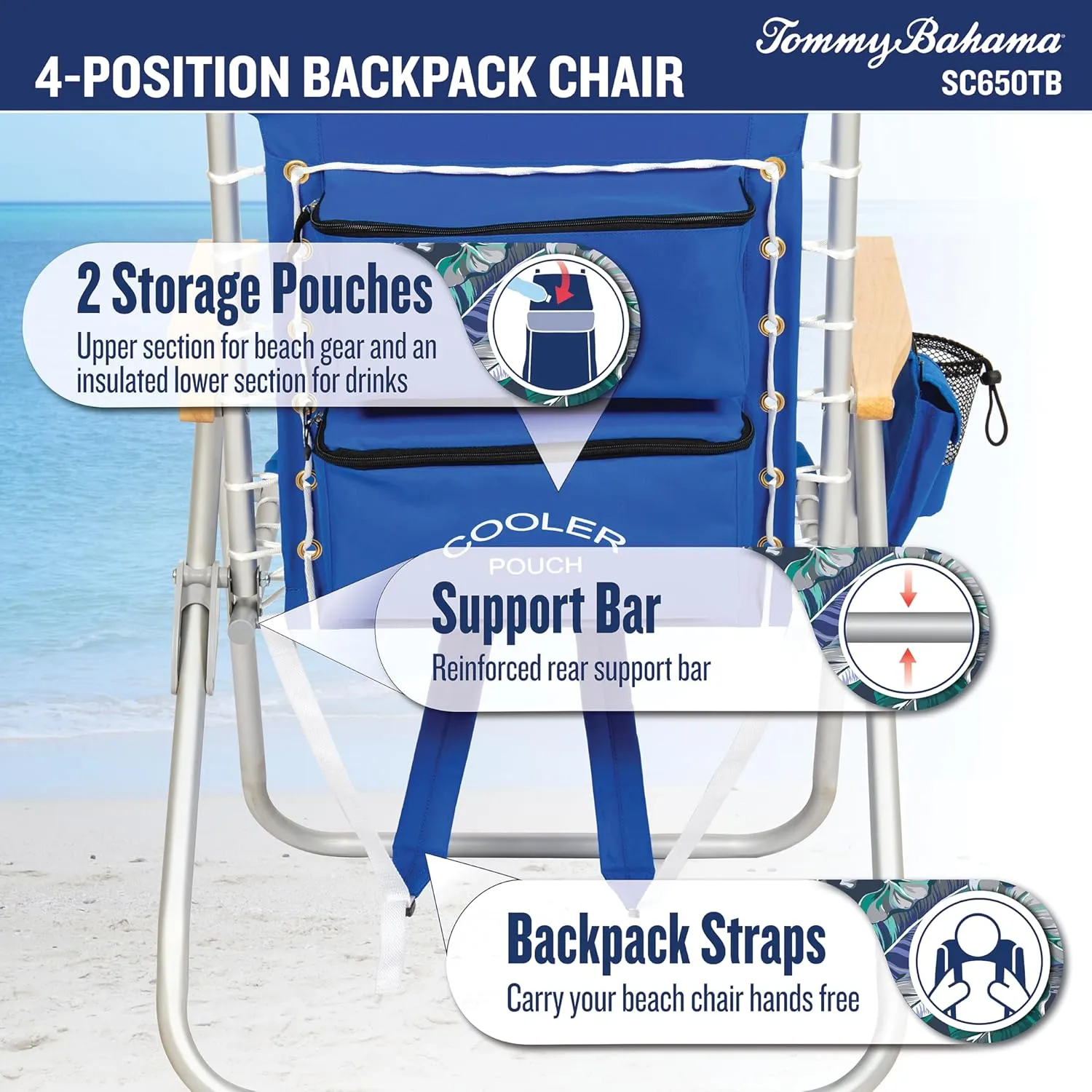 Tommy Bahama Hi-Boy 17" Seat Height 4-Position Lace-Up Suspension Folding Beach Backpack Chair, 1-Pack, Red and Blue Stripe