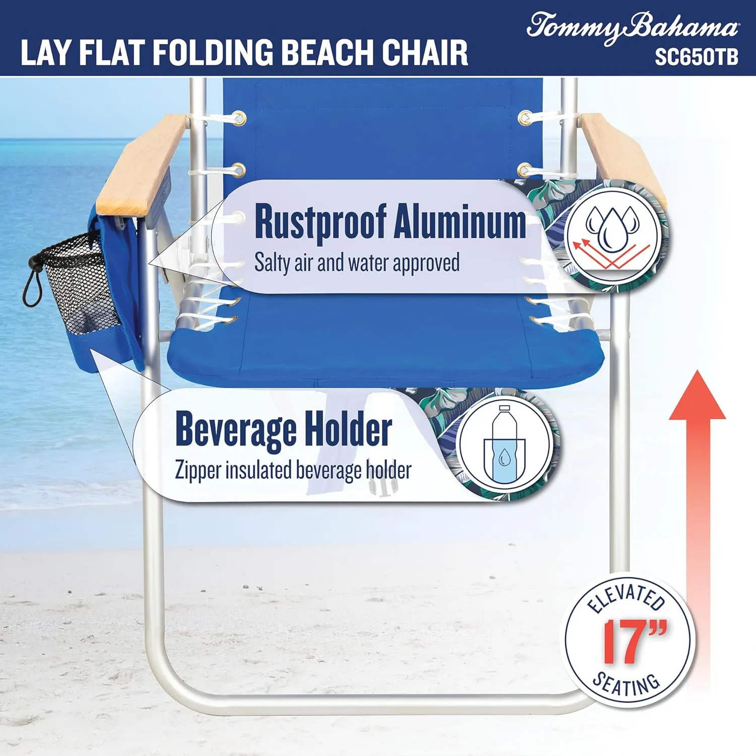 Tommy Bahama Hi-Boy 17" Seat Height 4-Position Lace-Up Suspension Folding Beach Backpack Chair, 1-Pack, Red and Blue Stripe