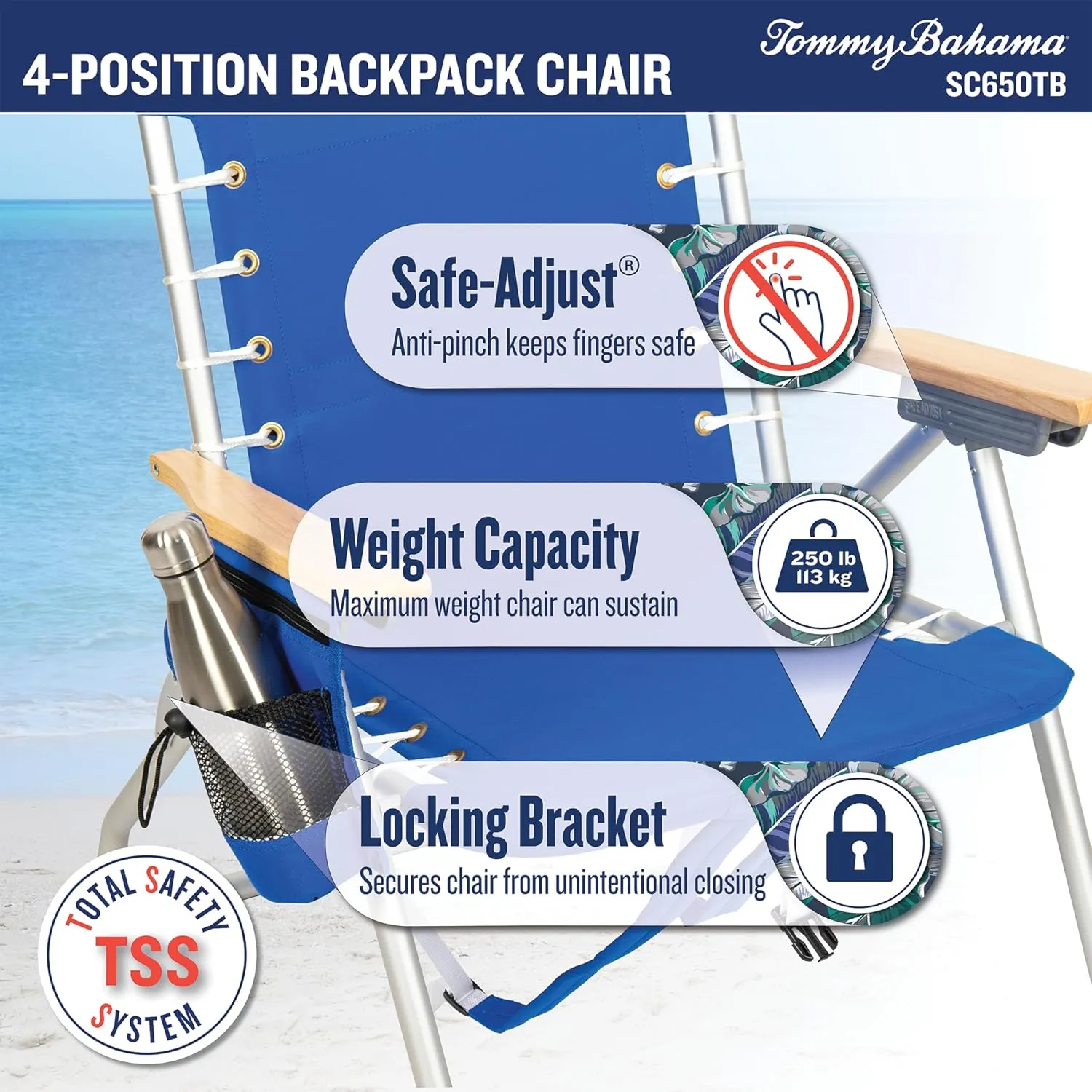Tommy Bahama Hi-Boy 17" Seat Height 4-Position Lace-Up Suspension Folding Beach Backpack Chair, 1-Pack, Red and Blue Stripe