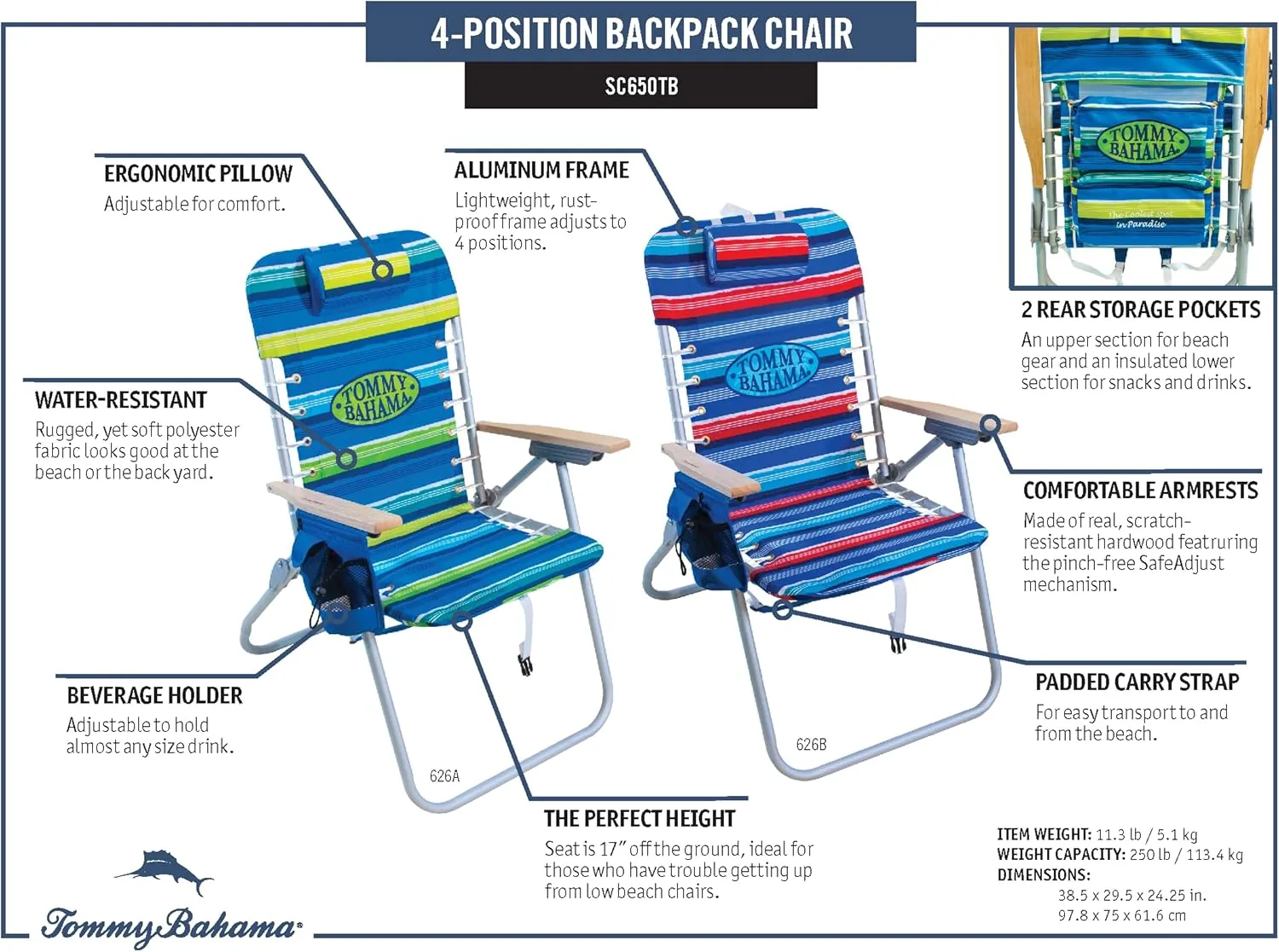Tommy Bahama Hi-Boy 17" Seat Height 4-Position Lace-Up Suspension Folding Beach Backpack Chair, 1-Pack, Red and Blue Stripe