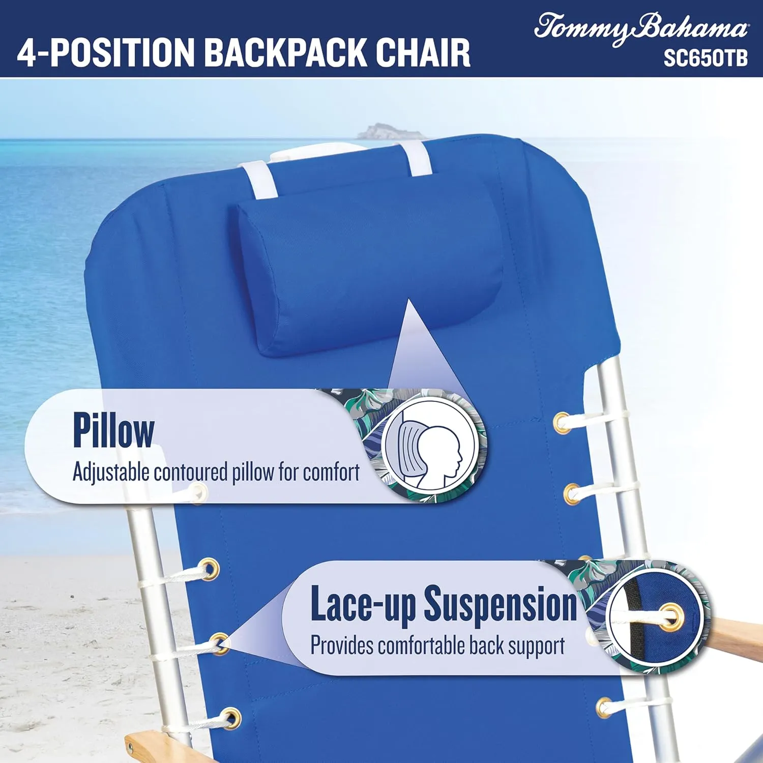 Tommy Bahama Hi-Boy 17" Seat Height 4-Position Lace-Up Suspension Folding Beach Backpack Chair, 1-Pack, Red and Blue Stripe
