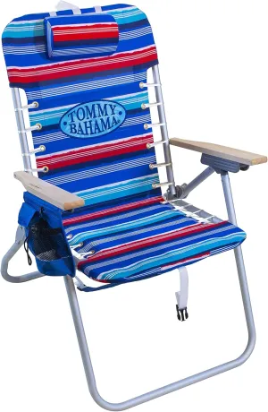 Tommy Bahama Hi-Boy 17" Seat Height 4-Position Lace-Up Suspension Folding Beach Backpack Chair, 1-Pack, Red and Blue Stripe