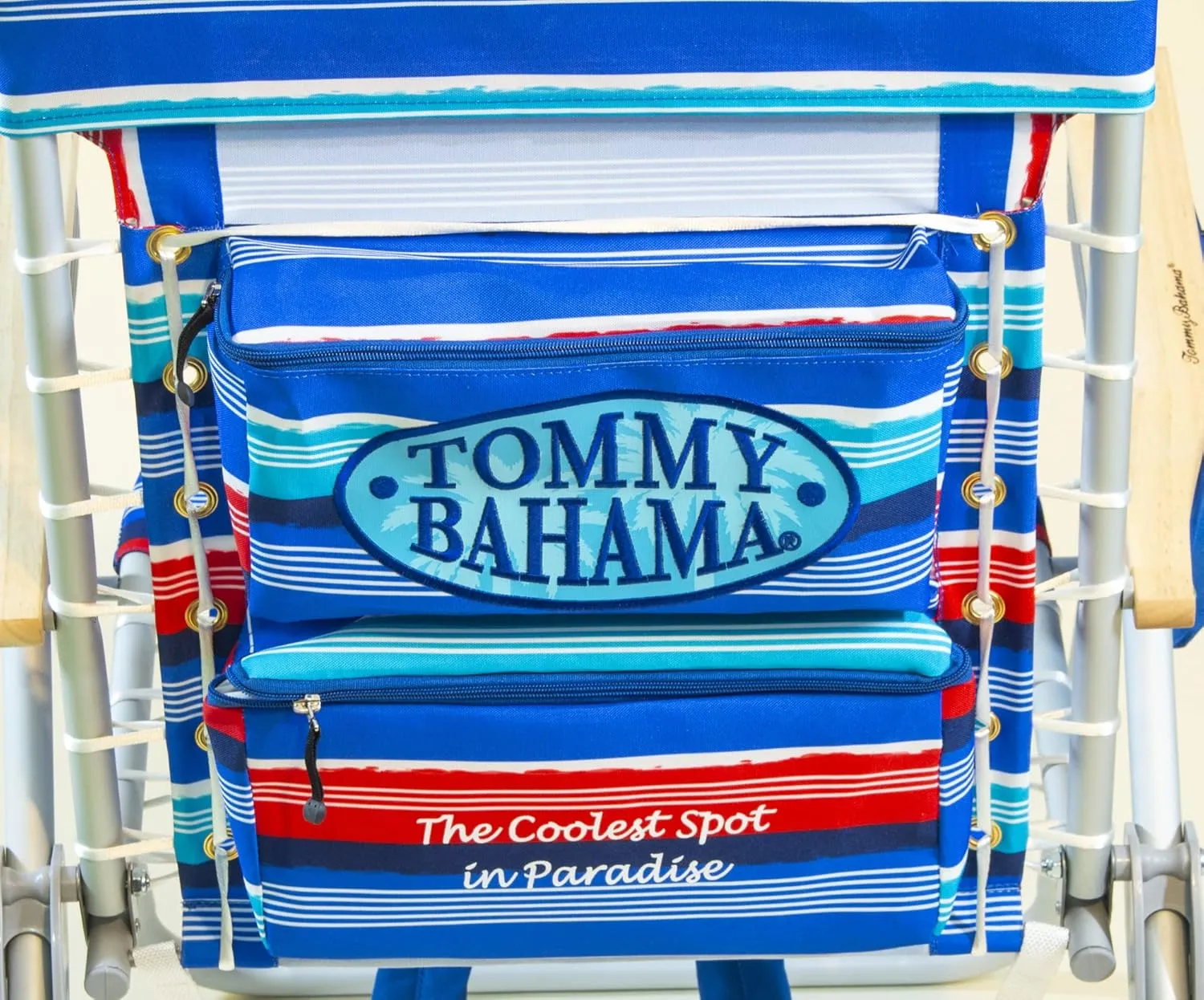 Tommy Bahama Hi-Boy 17" Seat Height 4-Position Lace-Up Suspension Folding Beach Backpack Chair, 1-Pack, Red and Blue Stripe