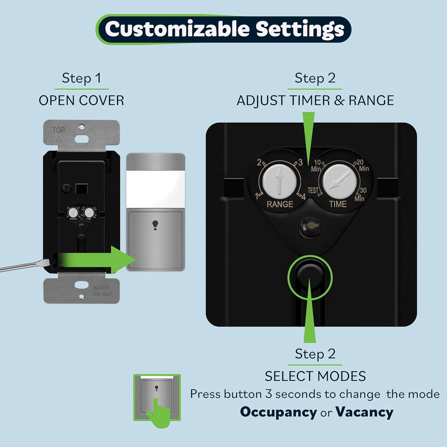 TOPGREENER PIR Passive Infrared Motion Sensor Switch, Ambient Light Level Detector, No Neutral Required, 150W LED/CFL, Occupancy Vacancy Modes, Ground Wire Required, Single Pole, TDOS5-JM, Gray
