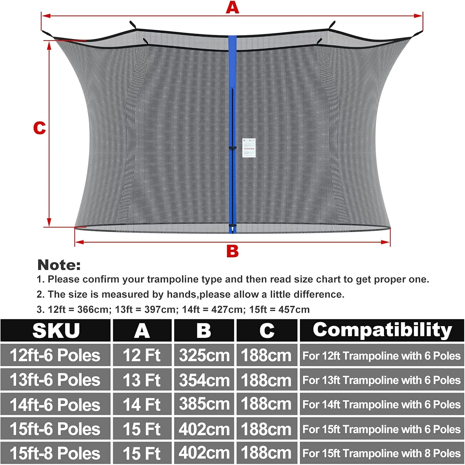 Trampoline Net Replacement for Straight Pole,12ft 13ft 14ft 15ft Round Frame Safety Enclosure Net UV-Resistant Weather-Resistant Breathable Durable Net with Adjustable Straps(Net Only)