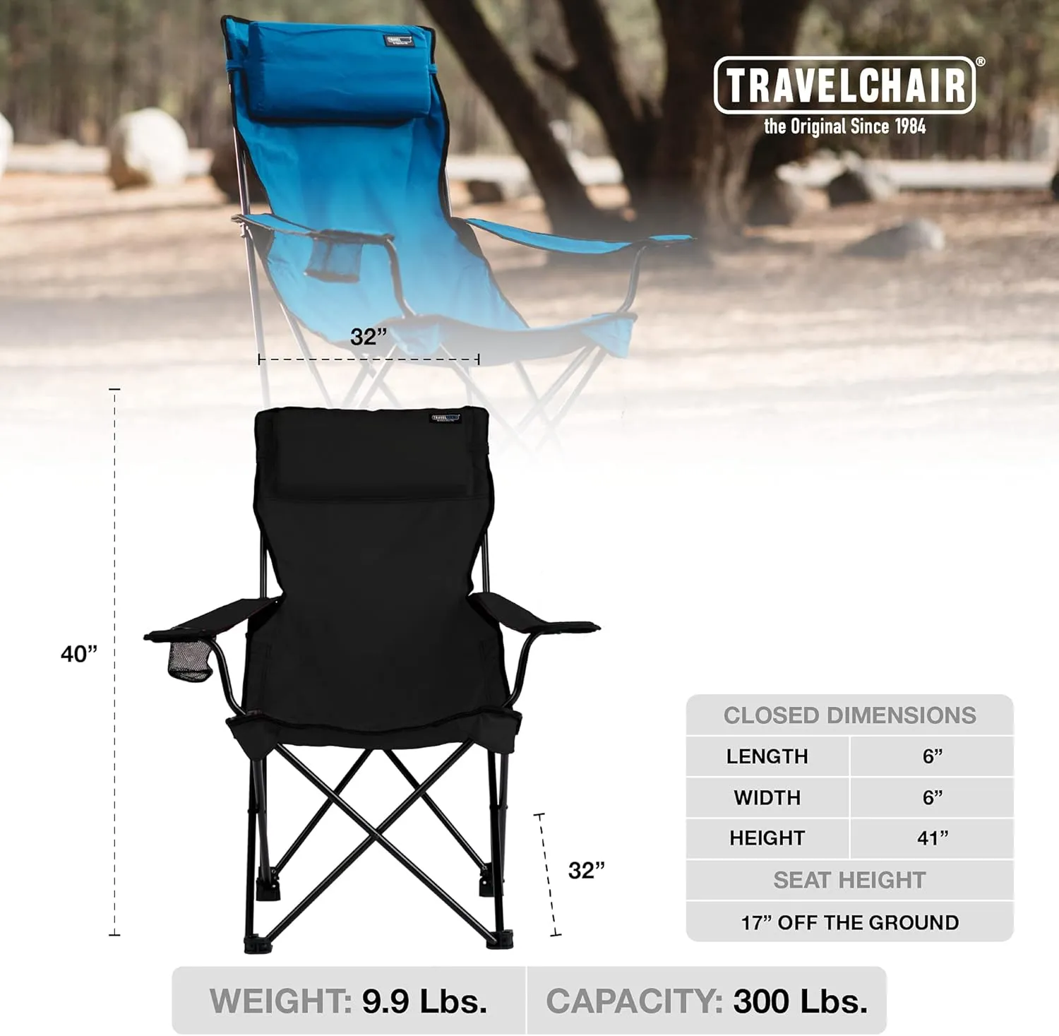 Travel Chair Classic Bubba Chair with Adjustable Pillow, Large Folding Chair for The Outdoors, 300-Pound Capacity, Black, One Size