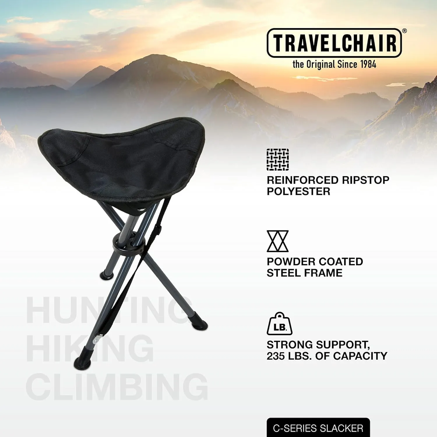 Travel Chair Slacker Tripod Chair for Camping, Lightweight Chair, Adjustable Carry Strap for Easy Transport | Lighter Version of The Original Slacker Stool | Perfect for Outdoor Adventures (Black)
