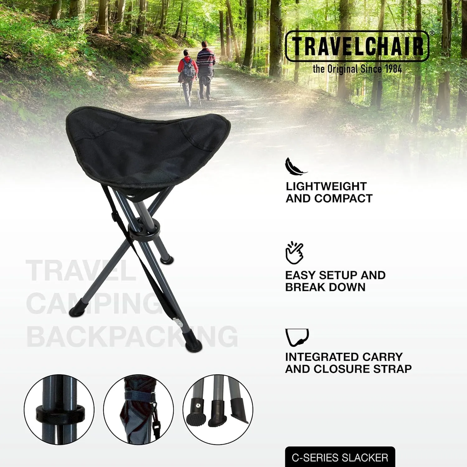 Travel Chair Slacker Tripod Chair for Camping, Lightweight Chair, Adjustable Carry Strap for Easy Transport | Lighter Version of The Original Slacker Stool | Perfect for Outdoor Adventures (Black)