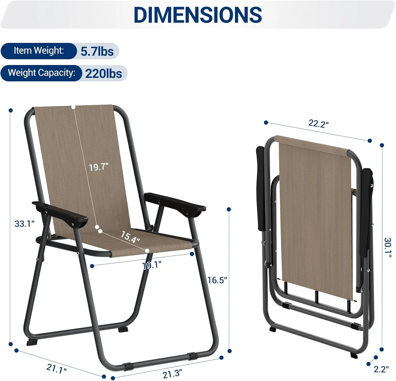 UDPATIO Patio Dining Chair Set of 4, Folding Patio Chair with Compact Folded Size, Sturdy Steel Frame and Weather-Resistant Textilene Fabric, Weights only 5.7lbs, Support up to 220lbs, Brown