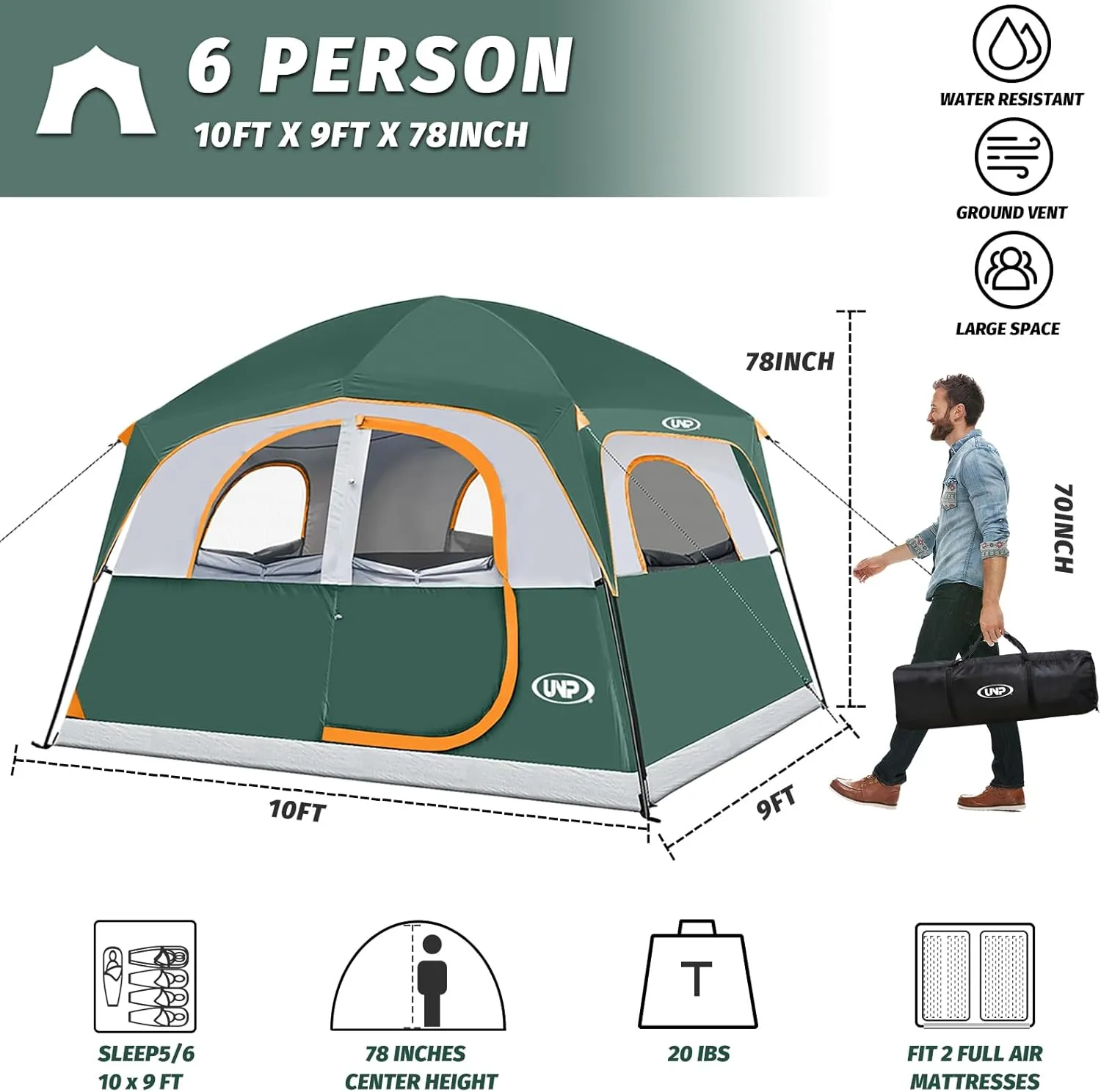 UNP Tents 6 Person Waterproof Windproof Easy Setup,Double Layer Family Camping Tent with 1 Mesh Door & 5 Large Mesh Windows -10'X9'X78in(H)