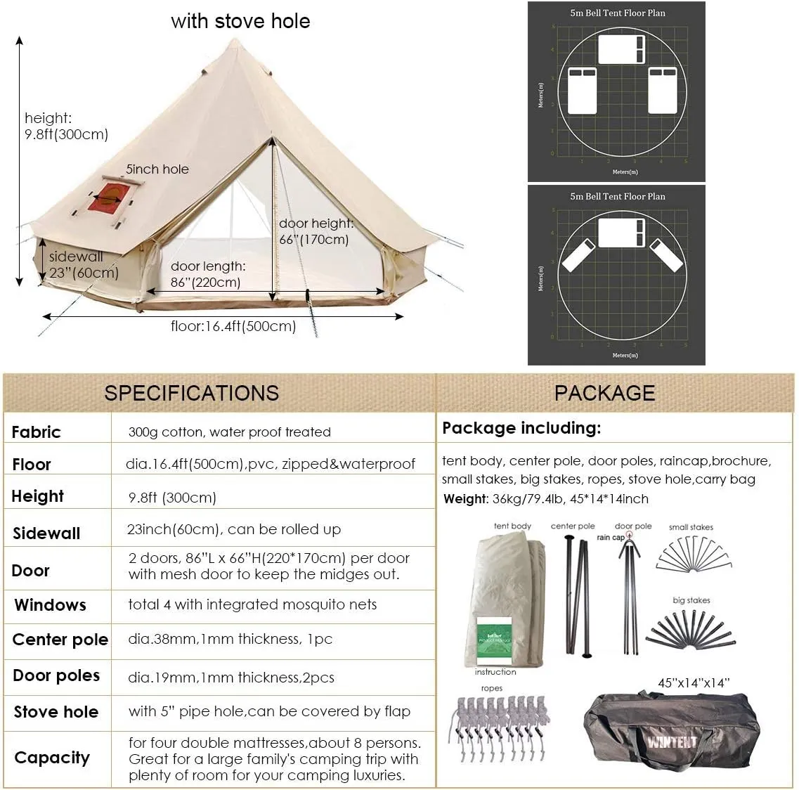 UNSTRENGH Large Beige Luxury 4-Season Camping Cotton Canvas Bell Tent Double Doors Camping Hunting Tent with Stove Jack Hole, Cable Hole
