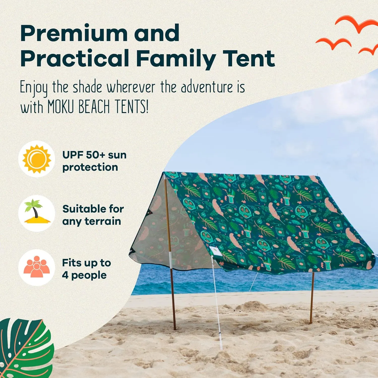 UPF 50  Portable Beach Canopy Tent Set - 3-Step Assembly, Jungala Print - Includes Bag, Poles, Stakes & Hammer - Ideal Sun Shade for Beach, Easy and Convenient