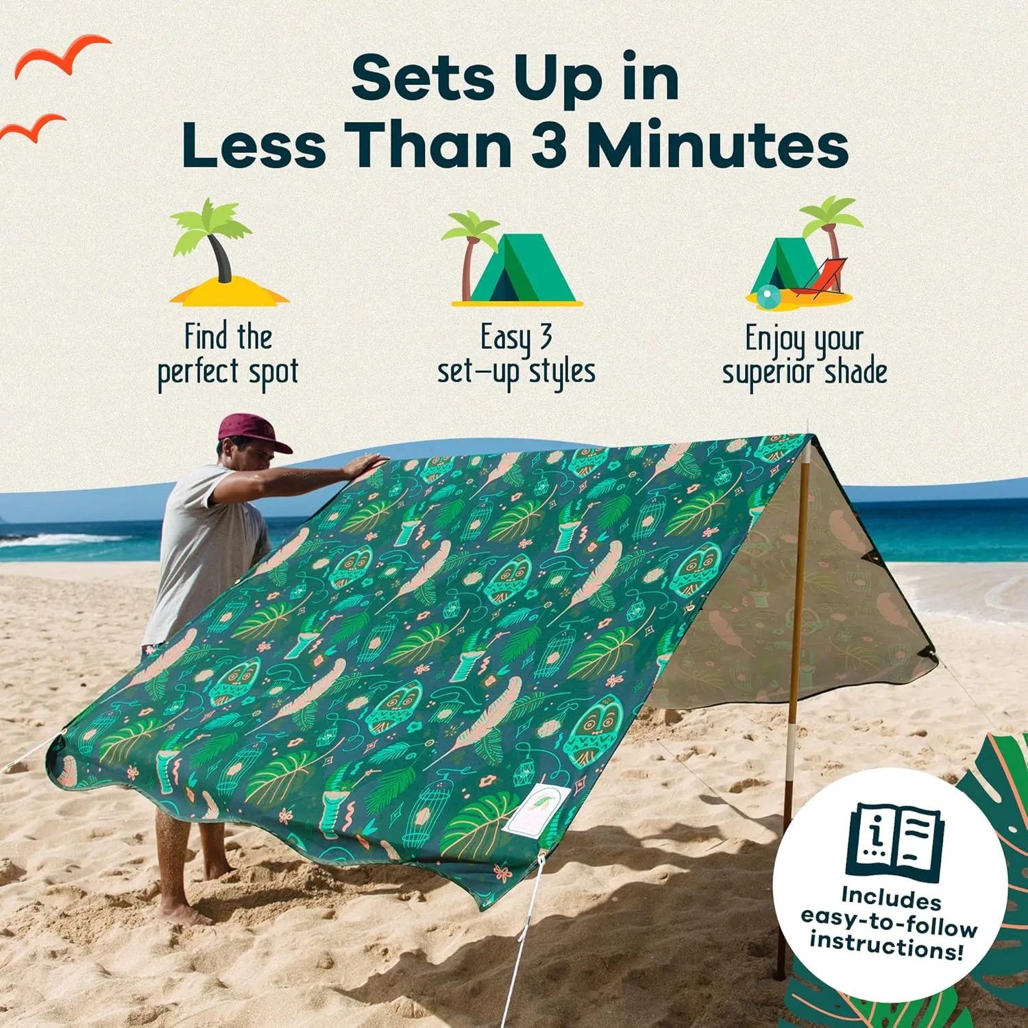 UPF 50  Portable Beach Canopy Tent Set - 3-Step Assembly, Jungala Print - Includes Bag, Poles, Stakes & Hammer - Ideal Sun Shade for Beach, Easy and Convenient