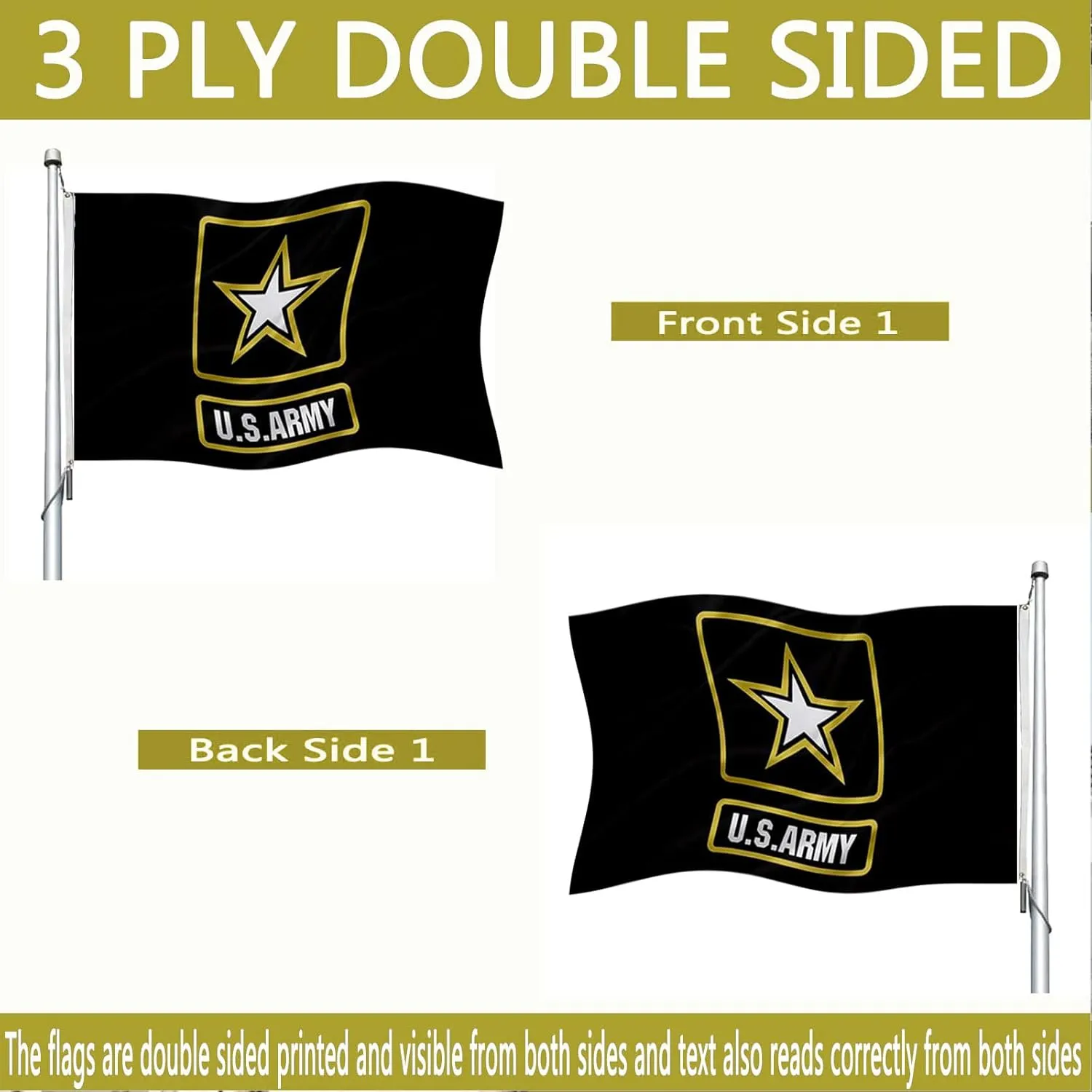 US Army Flag 3x5 Outdoor Double Sided - Heavy Duty United States Military Flag - American Black Star Banner With 2 Brass Grommets 4 Rows Stitched