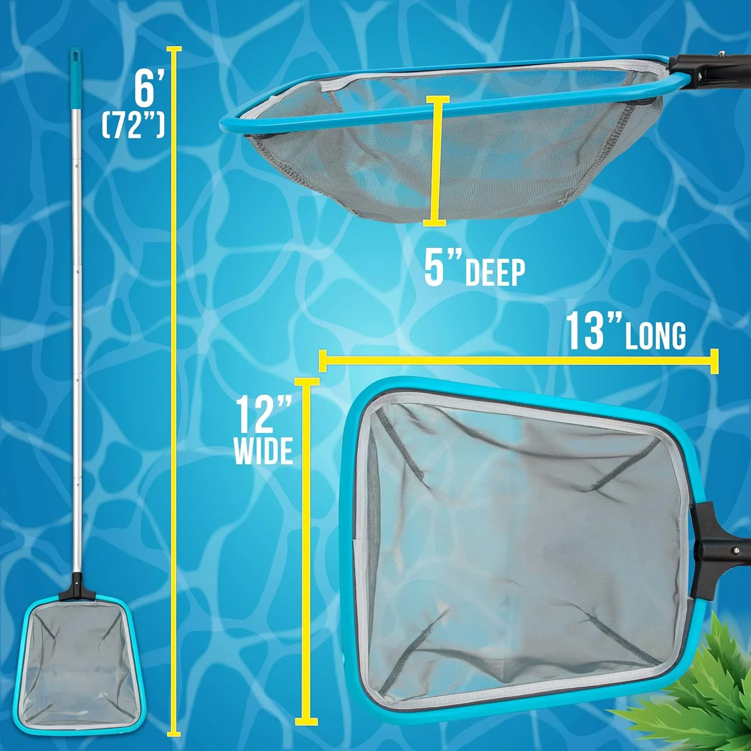 U.S. Pool Supply Swimming Pool 6-Foot Long Leaf Skimmer Net with 13" Aluminum Frame & Pole Sections - 5" Deep Ultra Fine Mesh Netting Bag Basket for Fast Cleaning of the Finest Debris, Clean Spas Pond