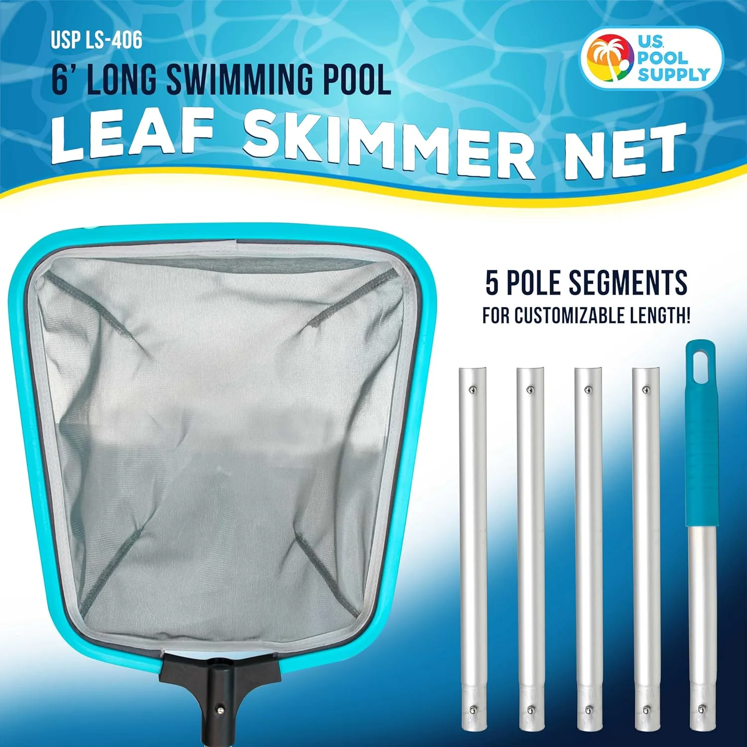U.S. Pool Supply Swimming Pool 6-Foot Long Leaf Skimmer Net with 13" Aluminum Frame & Pole Sections - 5" Deep Ultra Fine Mesh Netting Bag Basket for Fast Cleaning of the Finest Debris, Clean Spas Pond
