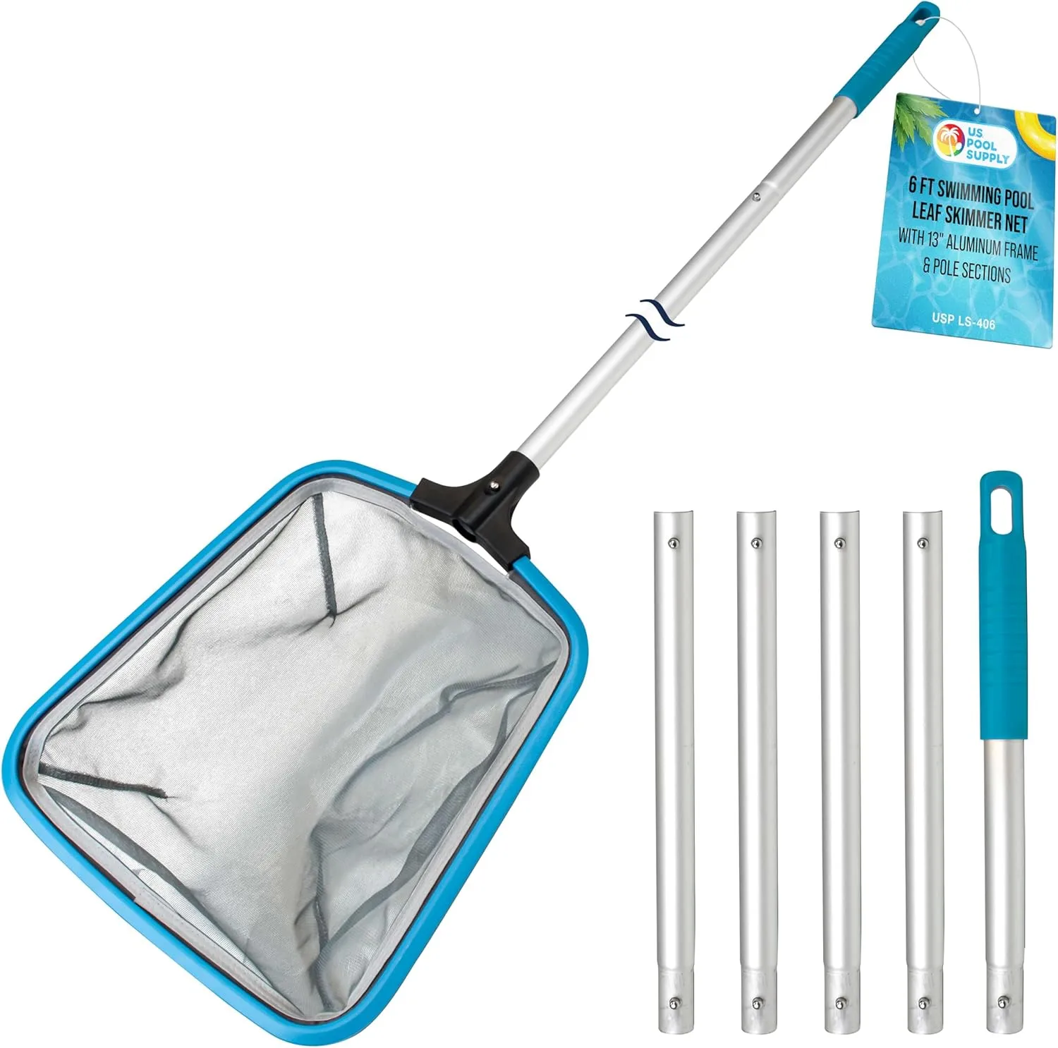 U.S. Pool Supply Swimming Pool 6-Foot Long Leaf Skimmer Net with 13" Aluminum Frame & Pole Sections - 5" Deep Ultra Fine Mesh Netting Bag Basket for Fast Cleaning of the Finest Debris, Clean Spas Pond