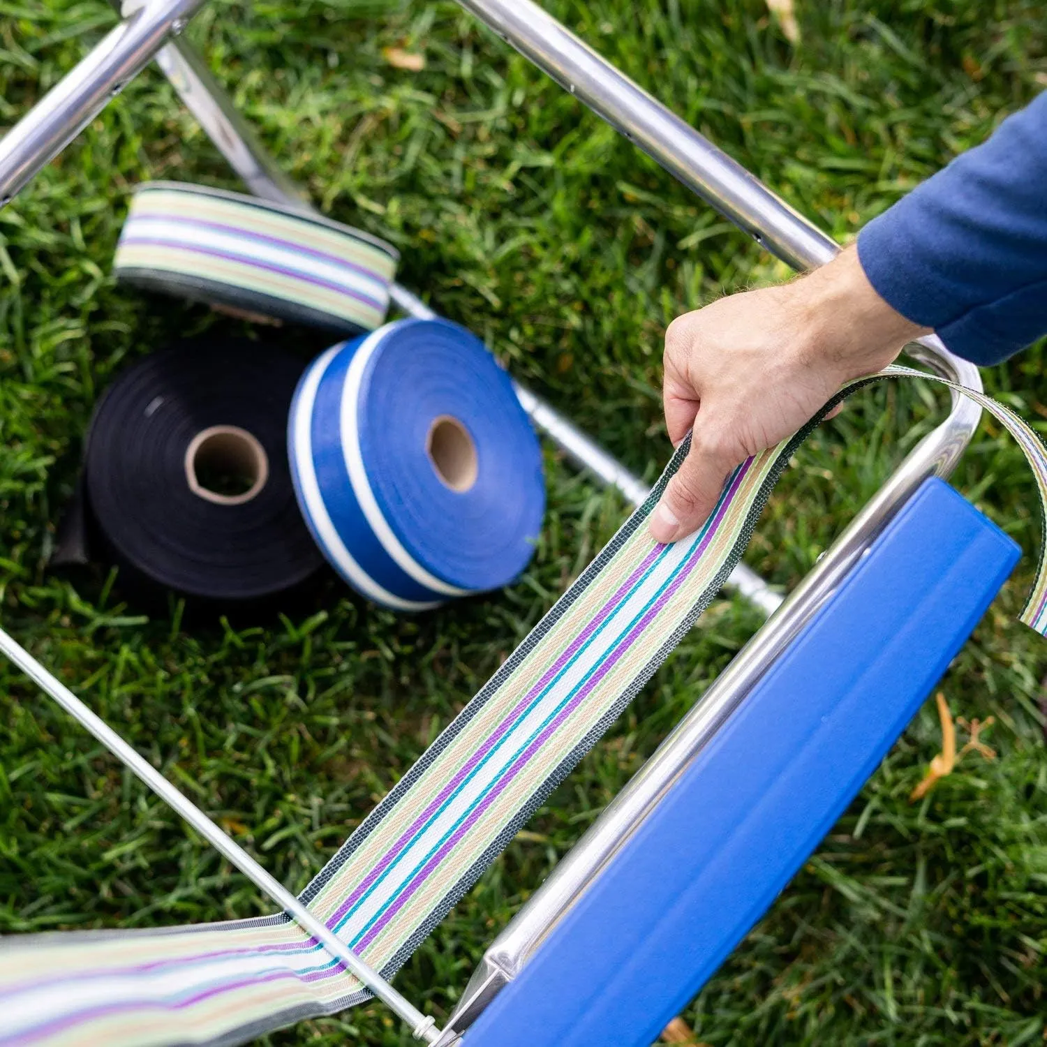 USA Chair Replacement Lawn Chair Webbing Kit - UV-Resistant Straps Made with Durable Polypropylene. (2 1/4" x 150', Solid Silver)