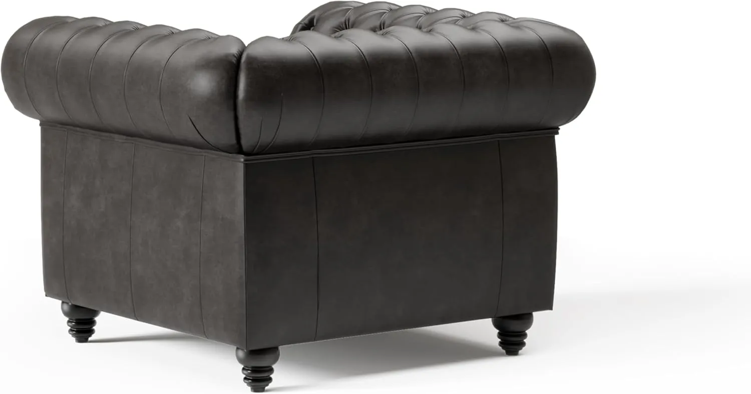 Valencia Parma Chesterfield Chair 45" | Premium Full-Aniline Leather | Mid-Century Accent Chair with Classic Button Tufted Back and Wood Legs for Living Room, Black