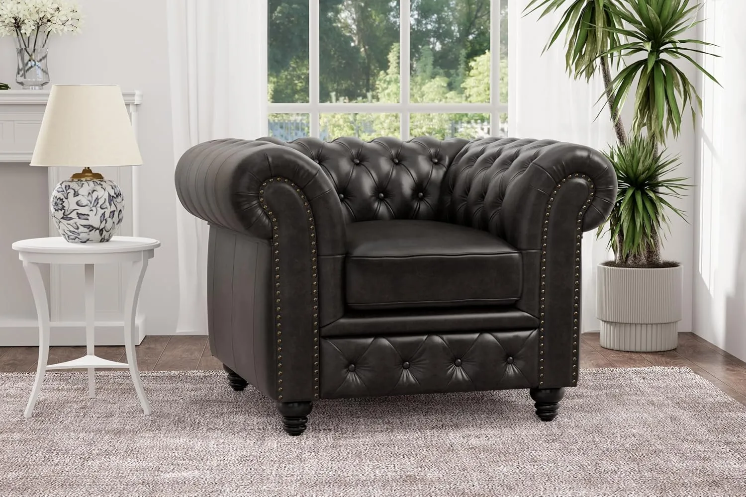 Valencia Parma Chesterfield Chair 45" | Premium Full-Aniline Leather | Mid-Century Accent Chair with Classic Button Tufted Back and Wood Legs for Living Room, Black