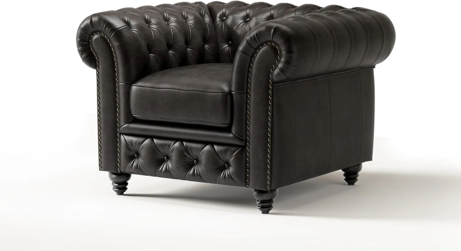 Valencia Parma Chesterfield Chair 45" | Premium Full-Aniline Leather | Mid-Century Accent Chair with Classic Button Tufted Back and Wood Legs for Living Room, Black