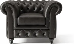 Valencia Parma Chesterfield Chair 45" | Premium Full-Aniline Leather | Mid-Century Accent Chair with Classic Button Tufted Back and Wood Legs for Living Room, Black