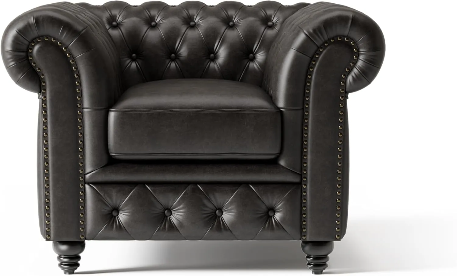 Valencia Parma Chesterfield Chair 45" | Premium Full-Aniline Leather | Mid-Century Accent Chair with Classic Button Tufted Back and Wood Legs for Living Room, Black