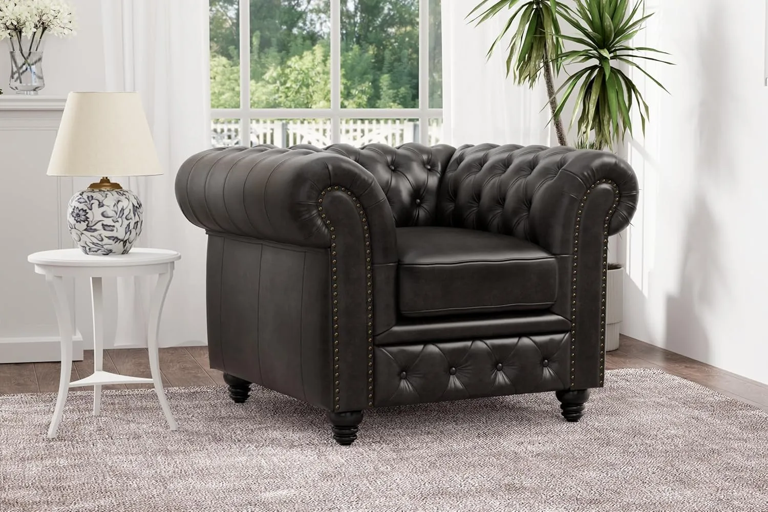 Valencia Parma Chesterfield Chair 45" | Premium Full-Aniline Leather | Mid-Century Accent Chair with Classic Button Tufted Back and Wood Legs for Living Room, Black